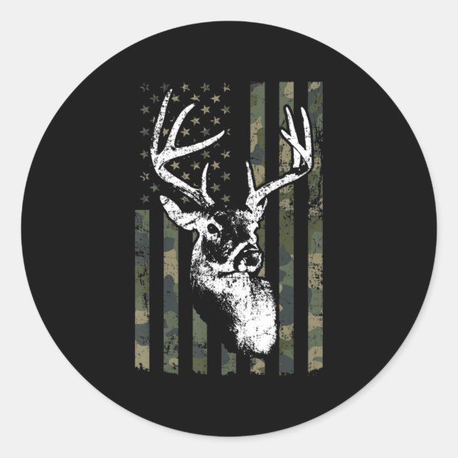 Sticker Rond Whitetail Buck Deer Hunting USA Camouflage Amériqu (Devant)