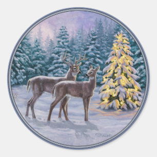 Sticker Rond Whitetail Deer & Christmas Tree Scene hivernale