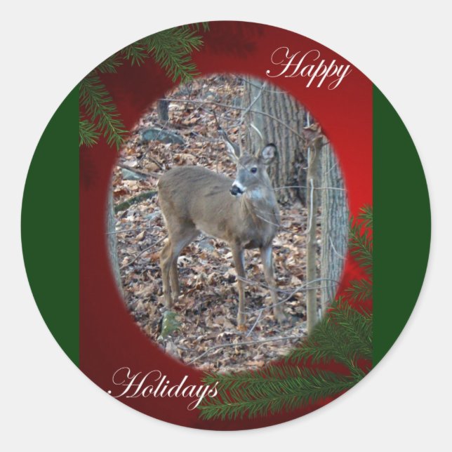 Sticker Rond Whitetail Deer Spike Buck Happy Holidays Series (Devant)