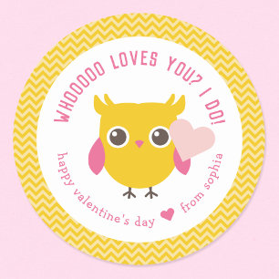 Sticker Rond Whooo Loves You Owl Kids Valentine's Day