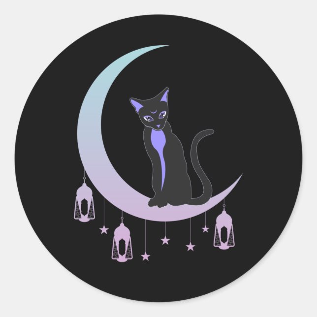Sticker Rond Wicca Crescent Lune Chat Mystique Pastel Goth (Devant)
