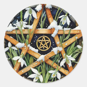 Sticker Rond Wiccan Imbolc Chandlemas Snowrops Pentacle