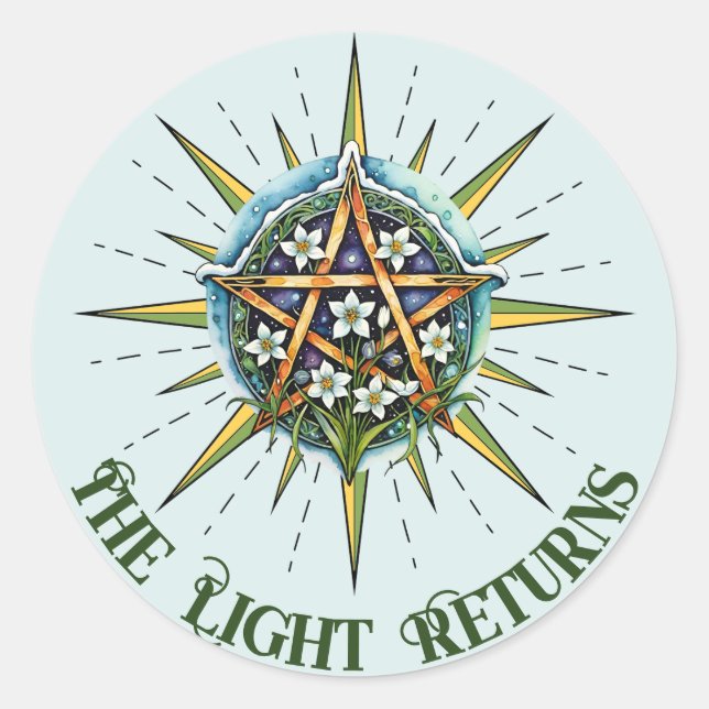Sticker Rond Wiccan Imbolc Sunshine Snowrops Pentacle (Devant)