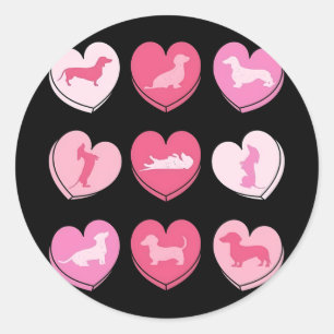 Sticker Rond Wiener Chien Dachshund Coeurs Candy Valentines Jou