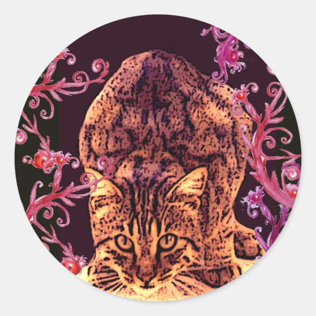 Sticker Rond WILD CAT KITTEN rose Rouge Floriaux noir (Devant)