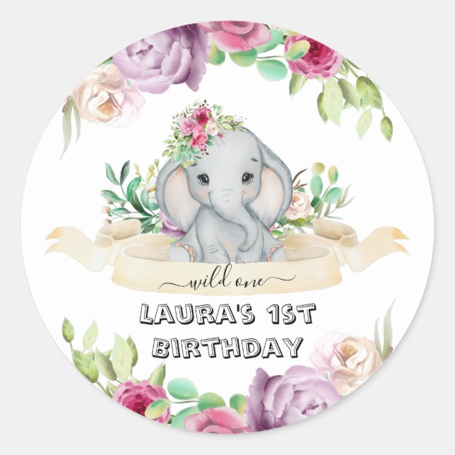 Sticker Rond Wild One - Baby Elephant and Flowers 1er anniversa (Devant)