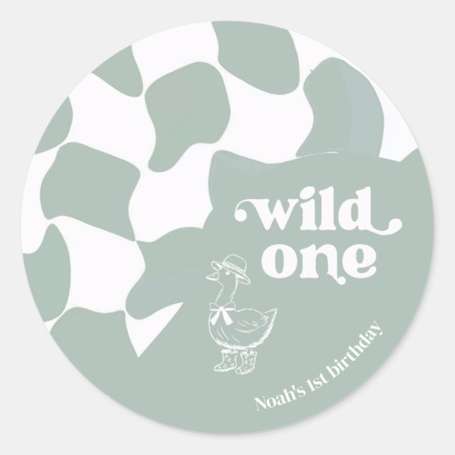 Sticker Rond Wild One Dapper Duck 1st Birthday Sage green  (Devant)