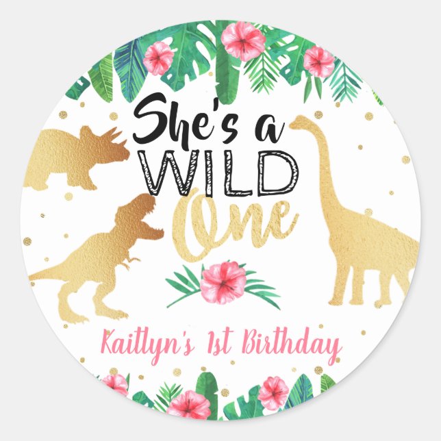 Sticker Rond Wild One Dinosaur Girls 1er anniversaire (Devant)