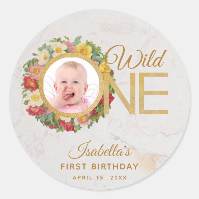 Sticker Rond Wild One Floral Photo Rose Wreath Premier annivers (Devant)