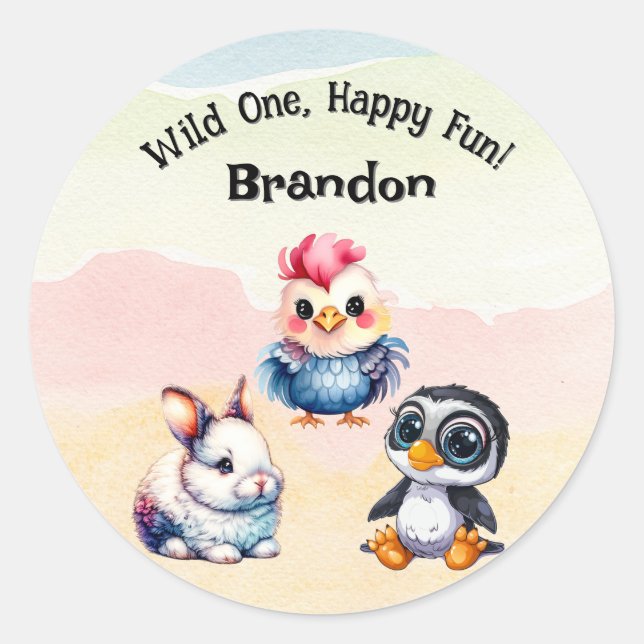 Sticker Rond Wild One Happy Fun Woodland Animaux Aquarelle (Devant)
