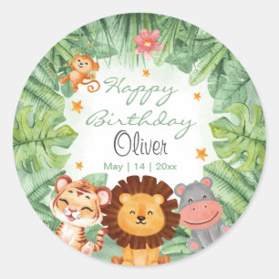 Sticker Rond Wild one Jungle Animaux Tropical Boy Anniversaire