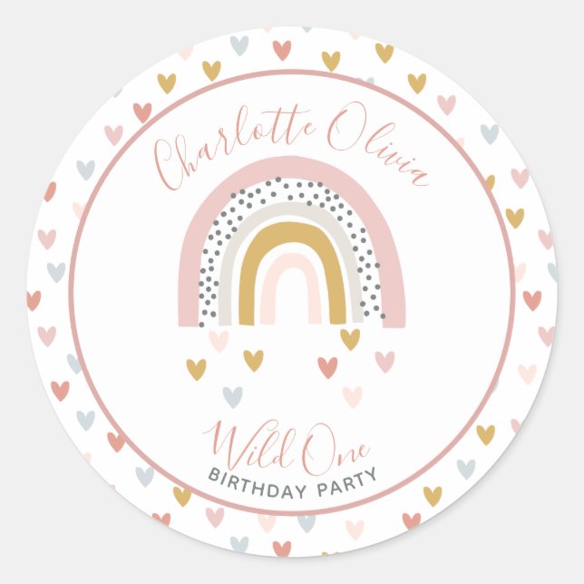 Sticker Rond Wild One Muted Rainbow Girl's 1st Birthday Party (Devant)