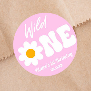 Sticker Rond Wild One Rose White Daisy Retro 1er Anniversaire