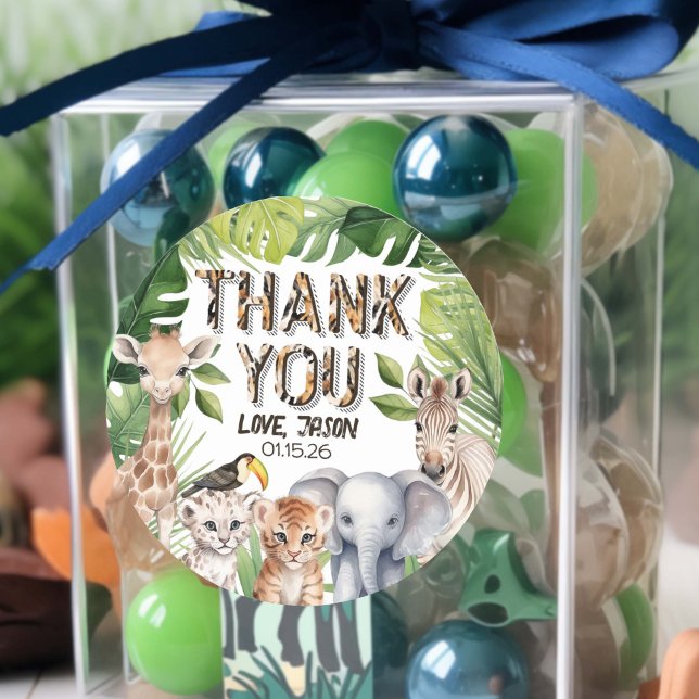 Sticker Rond Wild one Safari 1er anniversaire merci (Safari themed birthday thank you favor stickers.)