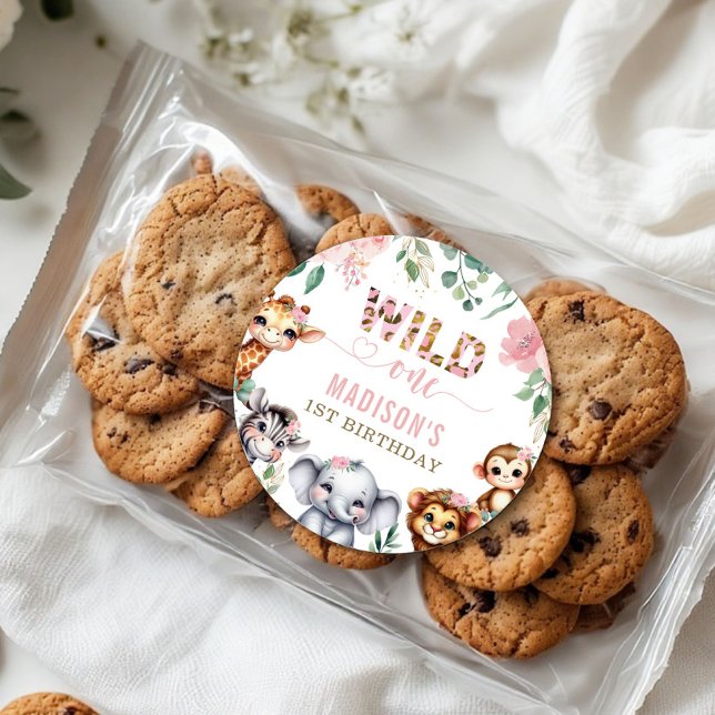 Sticker Rond Wild One Safari Animal Blush Floral 1er anniversai (Créateur téléchargé)