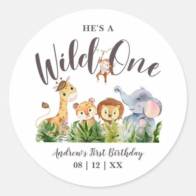 Sticker Rond Wild One Safari Animaux Anniversaire de enfant (Devant)