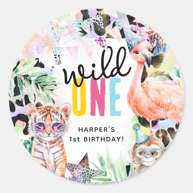 Sticker Rond Wild ONE Safari Animaux Cool 1er anniversaire (Devant)