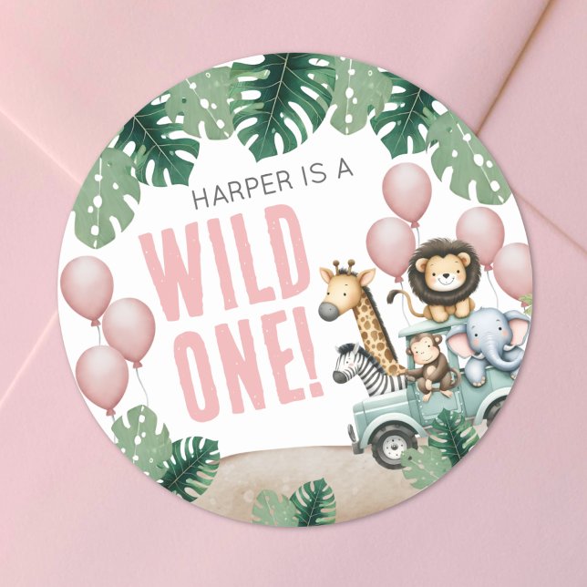 Sticker Rond Wild One Safari Anniversaire 1 an (Wild One Pink Safari 1st Birthday Classic Round Sticker)