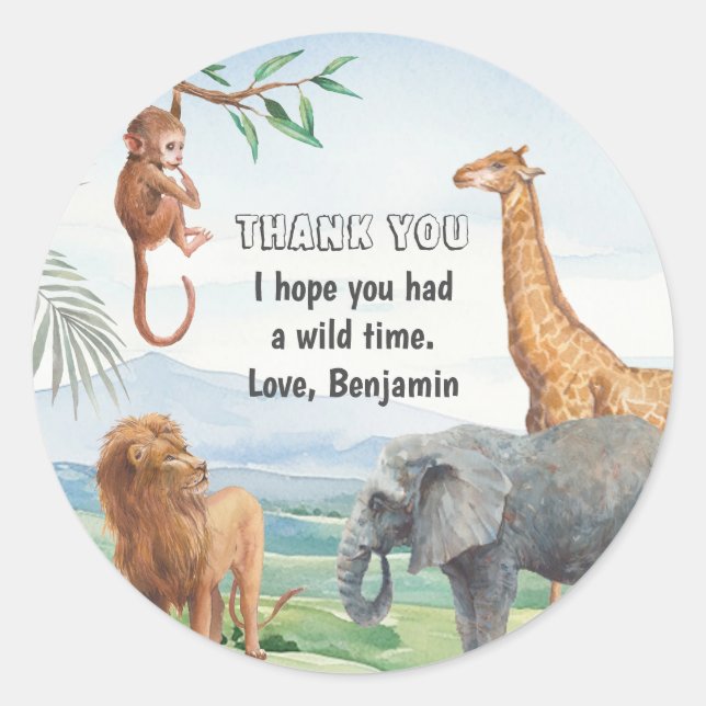 Sticker Rond Wild Safari Jungle Party Animaux Merci (Devant)