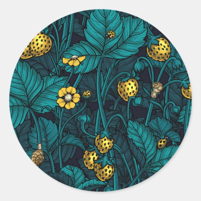 Sticker Rond Wild strawberries, yellow and blue (Devant)