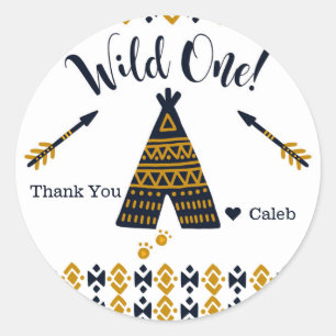 Sticker Rond Wild Un 1er anniversaire Blue Gold Tepee Party Fav