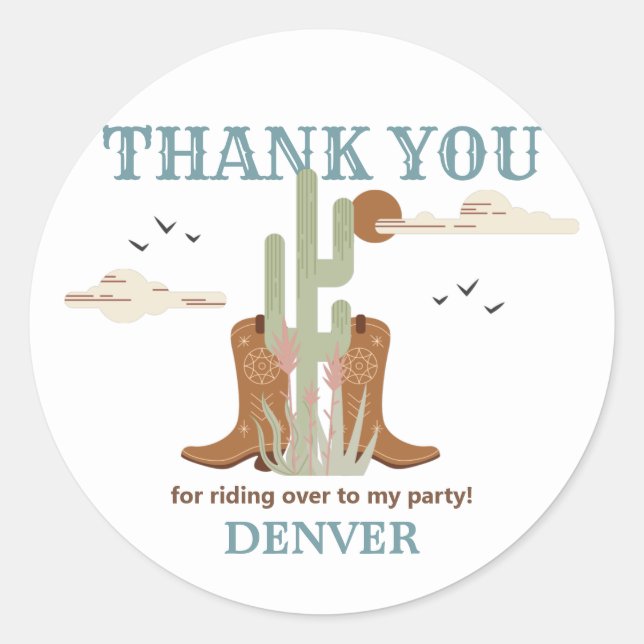 Sticker Rond Wild West Cowboy fête d'anniversaire Merci (Devant)