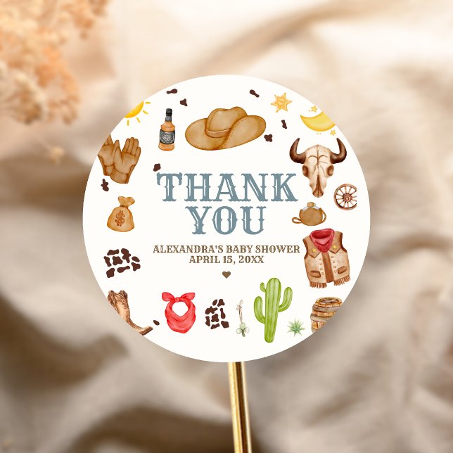 Sticker Rond Wild West Cowboy Rodeo Baby Shower (Cowboy Western Rodeo Ranch Baby Shower Sticker)