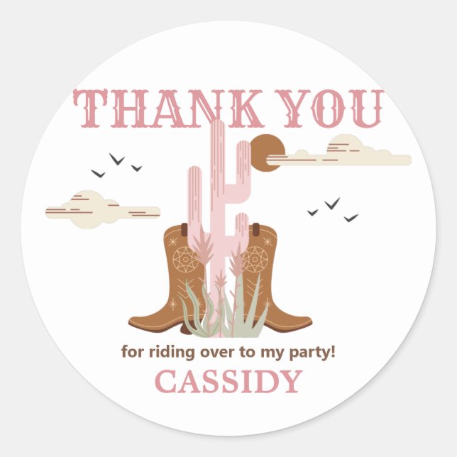 Sticker Rond Wild West Cowgirl Anniversaire Merci de fête (Devant)