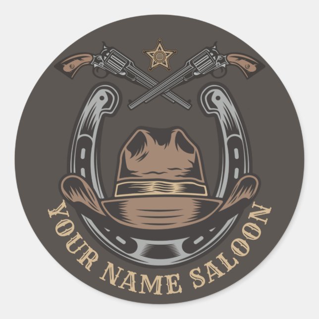 Sticker Rond Wild West Revolver Horseshoe Western Cowboy Saloon (Devant)