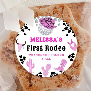 Sticker Rond Wild West Rodeo Disco Cowgirl Anniversaire Merci