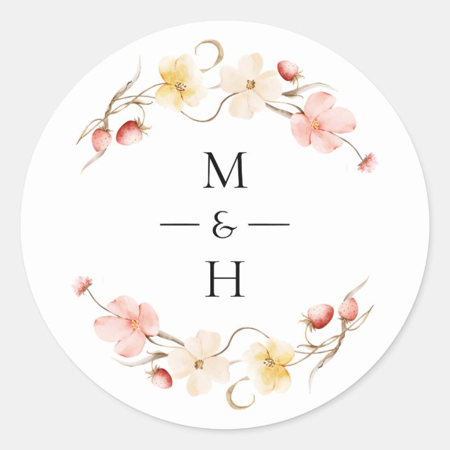 Sticker Rond Wildflower Blush Floral Monogram Wedding Favor (Devant)