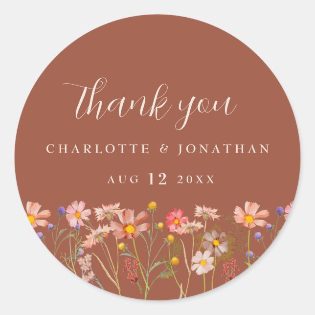 Sticker Rond Wildflower Boho Fall Terracotta Thank You Wedding (Devant)