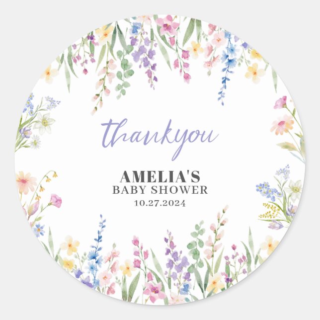 Sticker Rond Wildflower Is On The Way Pastel Floral Baby Shower (Devant)