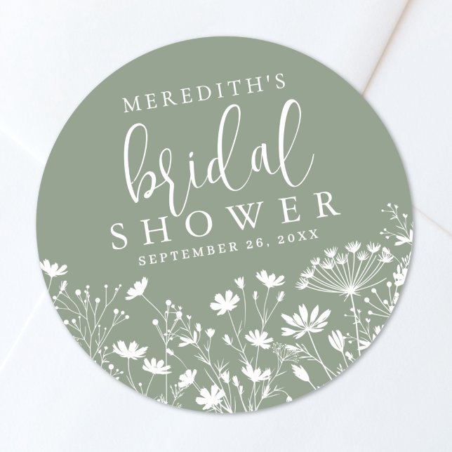 Sticker Rond Wildflower Sage Green Bridal Shower (Wildflower Sage Green Bridal Shower Classic Round Sticker )
