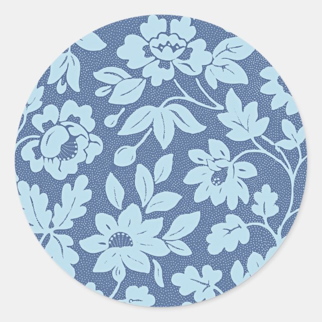 Sticker Rond William Morris, fleurs bleues vintages, (Devant)
