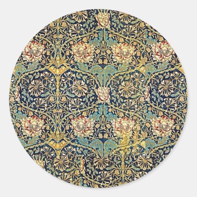 Sticker Rond William Morris Motif Floral Or Turquoise Rouge (Devant)