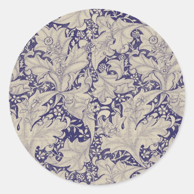 Sticker Rond William Morris Motif Giroflée Bleu Antique (Devant)