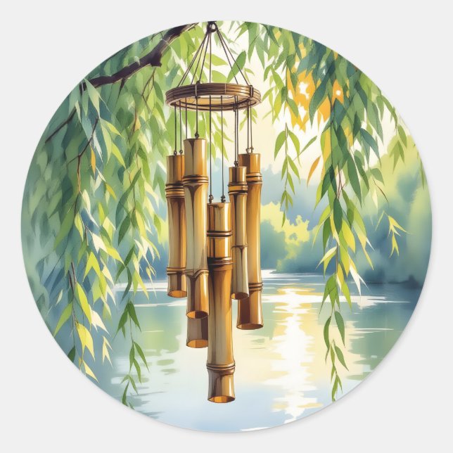 Sticker Rond Willow plumant, Windchimes et lac (Devant)