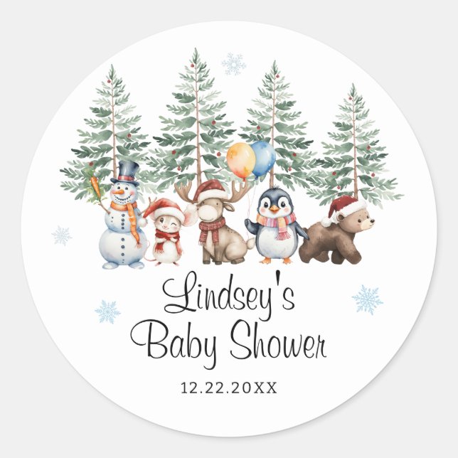 Sticker Rond Winter Animal Baby Shower (Devant)