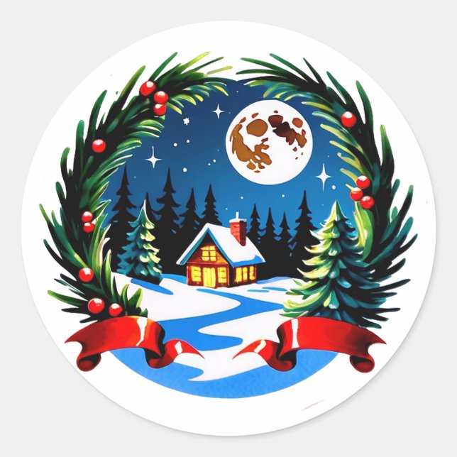 Sticker Rond Winter Cabin Wrapped in a Festive Wreath (Devant)