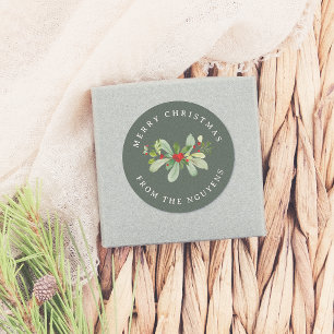 Sticker Rond Winter Foliing Green Joyeux Noël & Nom de famille