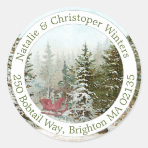 Sticker Rond Winter Forest Scene Red Sled Adresse de Noël