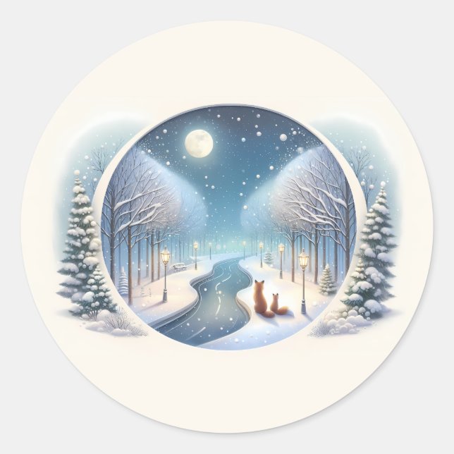 Sticker Rond Winter Foxes by Moonlit Snowy River (Devant)