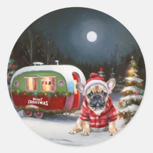 Sticker Rond Winter French Bulldog Caravan Christmas Adventure