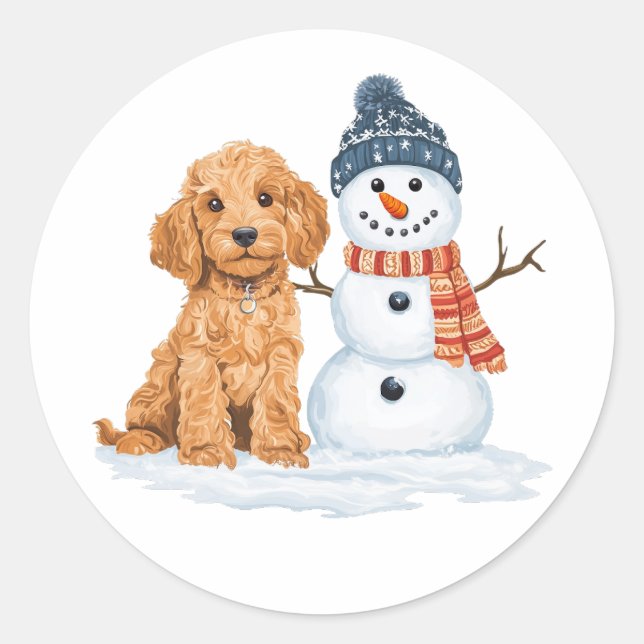 Sticker Rond Winter Goldendoodle Dog Cute Snowman (Devant)