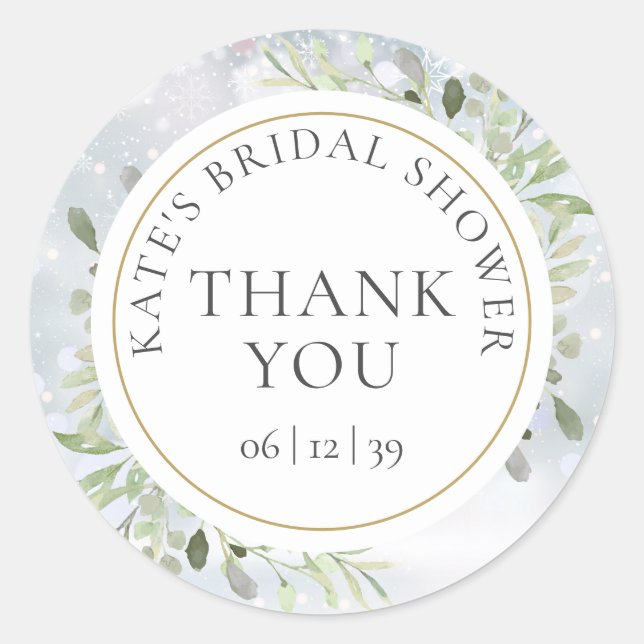 Sticker Rond Winter Greenery Bridal Shower Thank You Favor (Devant)