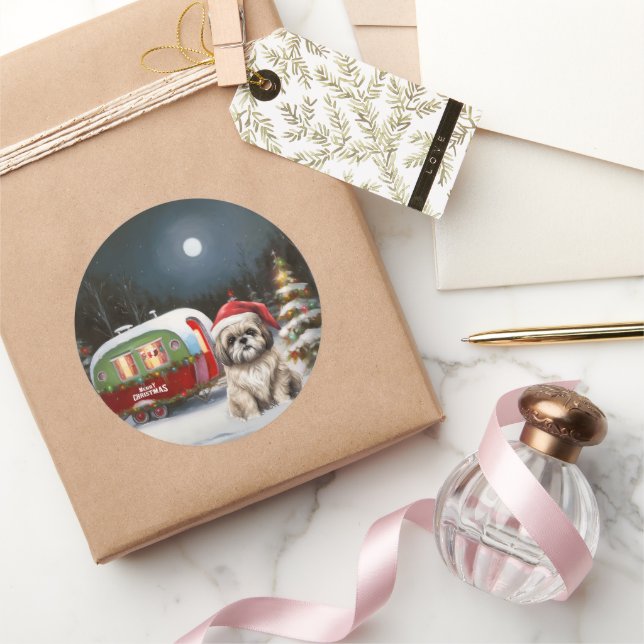 Sticker Rond Winter Havanese Caravan Christmas Adventure (Cadeaux)