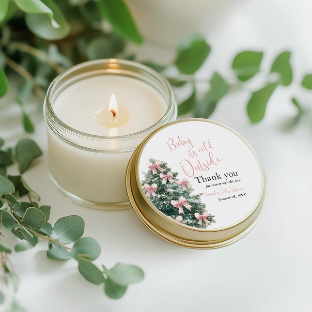 Sticker Rond Winter It's Cold Outside Pink Bow Girl Baby Shower (Créateur téléchargé)