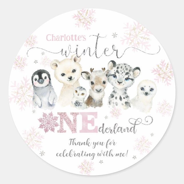 Sticker Rond Winter Onederland Arctic Animals Snow 1st Birthday (Devant)