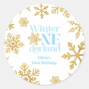 Sticker Rond Winter Onederland Bleu Or Flocon de Neige 1er Anni